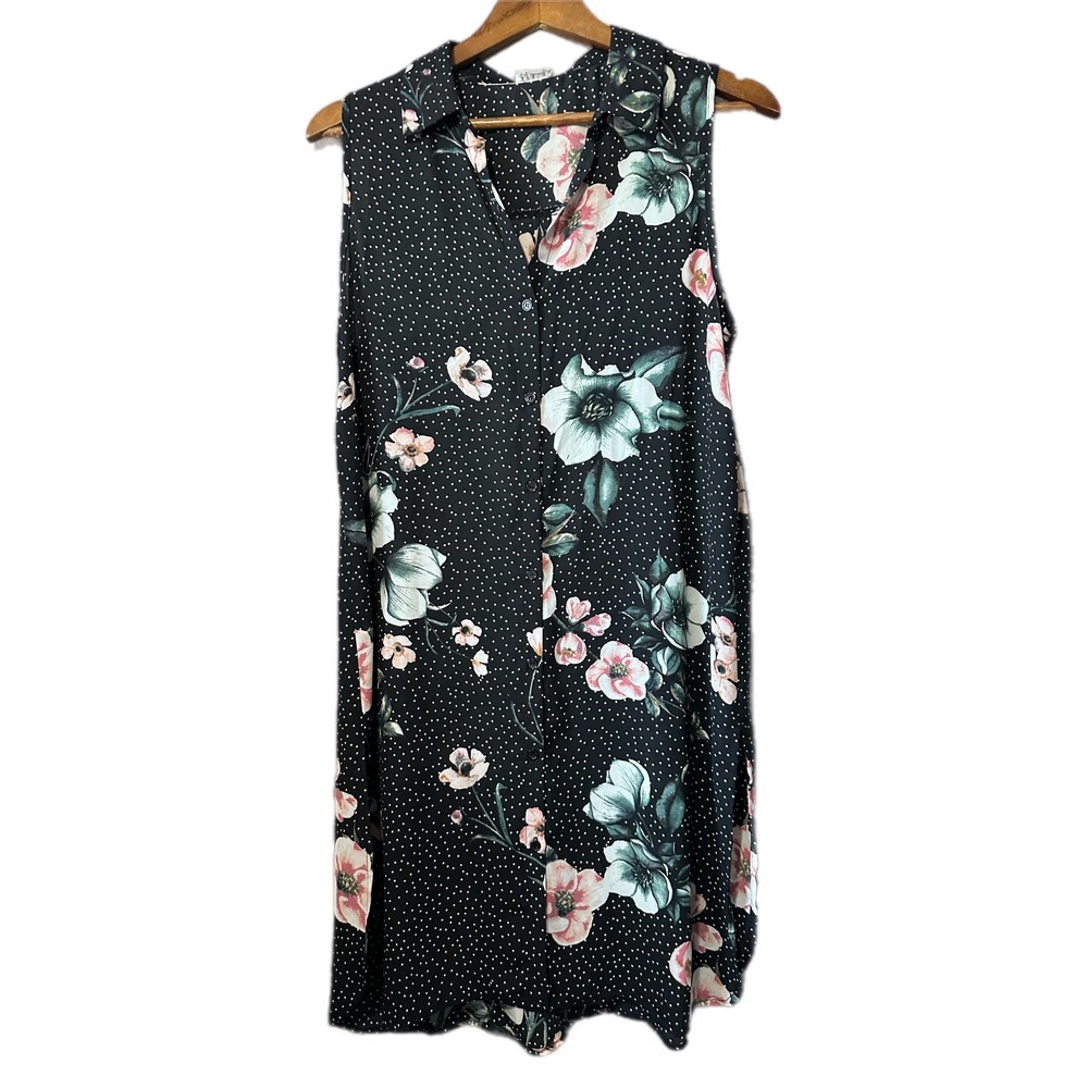 Spense Floral Polka Dot Shirt Dress Women Large Black Excellent Sleeveless Shift